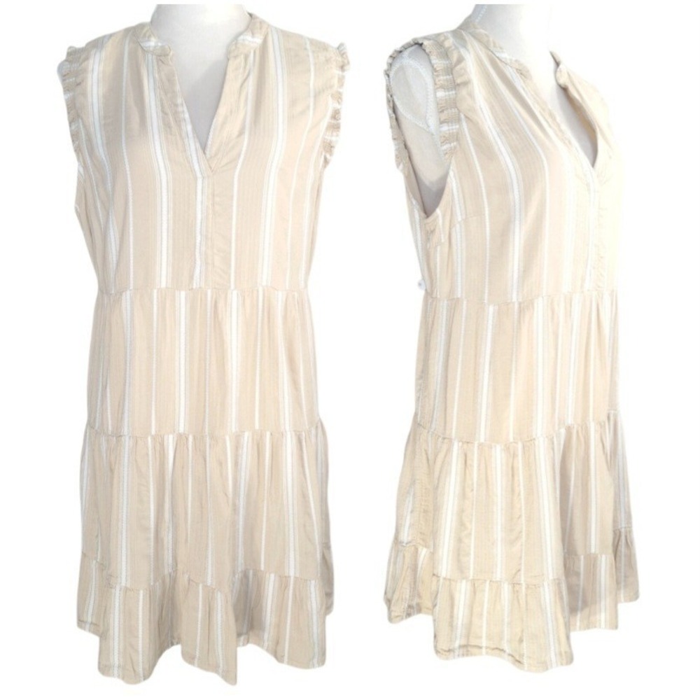 Mi Ami Dress Size XL Beige Tiered Relaxed Striped Linen Blend Sleeveless Boho